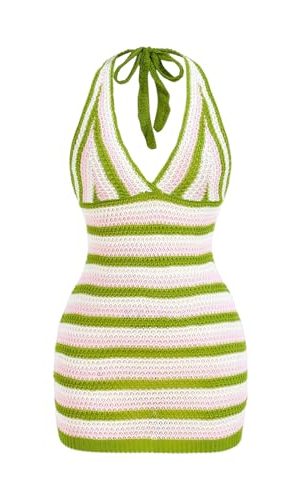 Women's Striped Backless Halter Mini Dresses Sleeveless Bodycon Vacation Knit Dress