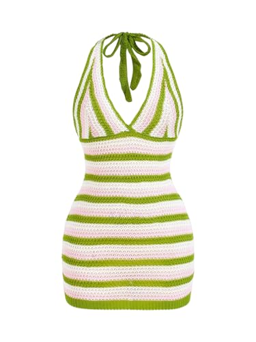 41jZVxGMZqL.jpg Women's Striped Backless Halter Mini Dresses Sleeveless Bodycon Vacation Knit Dress