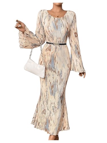Women's Tie Dye Bodycon Dress Pleated Bell Sleeves Fishtail Party Long Dresses