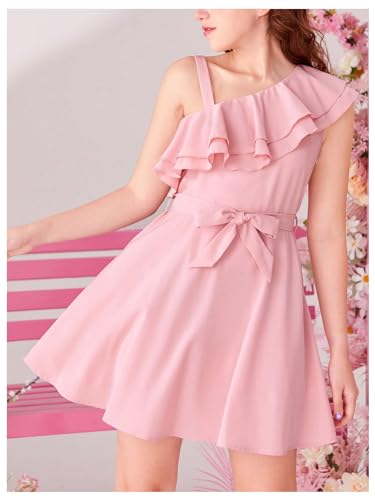 Girl's Sleeveless Ruffle Dresses High Waisted A Line Summer Dress with Belt