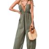 41kER2cYpBL.jpg Women's Summer Jumpsuit Plunging Halter Sleeveless Striped Casual Dressy Outfit Wide Leg Pockets Maxi Overall