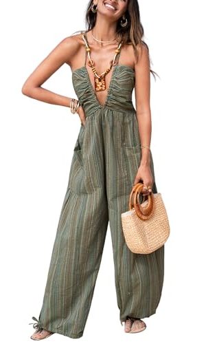 41kER2cYpBL.jpg Women's Summer Jumpsuit Plunging Halter Sleeveless Striped Casual Dressy Outfit Wide Leg Pockets Maxi Overall