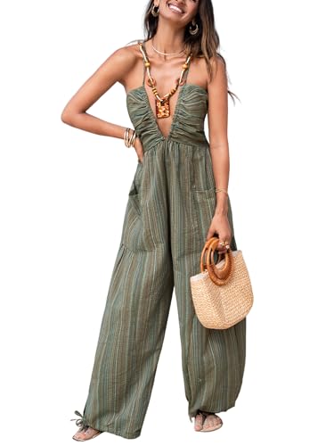 41kER2cYpBL.jpg Women's Summer Jumpsuit Plunging Halter Sleeveless Striped Casual Dressy Outfit Wide Leg Pockets Maxi Overall