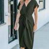 41kWKoustL.jpg Women's V Neck Wrap Dress Twisted Slit Pleated Waist Tie Short Sleeve Summer Midi Dresses