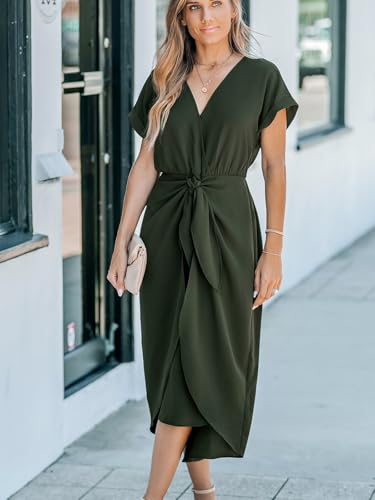 41kWKoustL.jpg Women's V Neck Wrap Dress Twisted Slit Pleated Waist Tie Short Sleeve Summer Midi Dresses