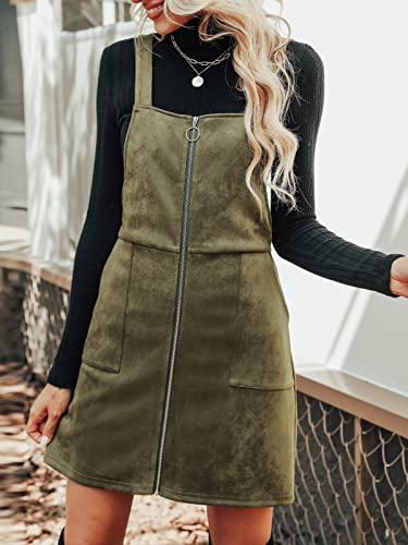 Faux Suede Mini Fall Dresses for Women Square Neck Pull Ring Zipper Front Pockets Wide Straps Casual Autumn Dress