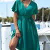 41klRtdw0yL.jpg Women's Dresses for Summer V Neck Solid Belt Short Sleeve Knee Length Beach Dress