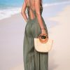 41kxELNGp7L.jpg Women's Summer Jumpsuit Plunging Halter Sleeveless Striped Casual Dressy Outfit Wide Leg Pockets Maxi Overall
