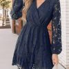 Women Elegant V Neck Lace Peasant Sleeve Mini Summer Dress Elastic High Waist A Line Casual Wedding Guest Dress