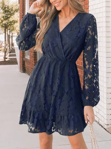Women Elegant V Neck Lace Peasant Sleeve Mini Summer Dress Elastic High Waist A Line Casual Wedding Guest Dress