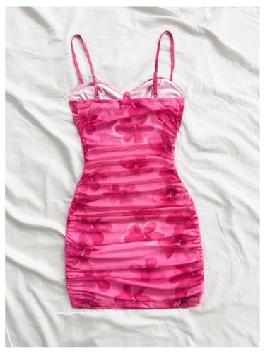 41lb0cS5WmL.jpg Women's Summer Floral Corset Dress Spaghetti Strap Ruched Mesh Bodycon Vacation Mini Dresses