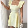 Women's Ruffle Cap Sleeve Square Neck Dress Textured Short Dress Summer Smocked A Line Dresses