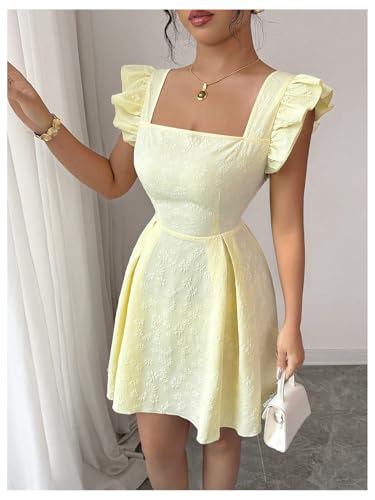 Women's Ruffle Cap Sleeve Square Neck Dress Textured Short Dress Summer Smocked A Line Dresses