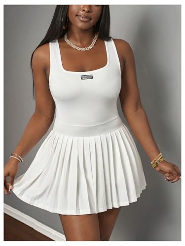 Women's Square Neck Tennis Dress Sleeveless Pleated A Line Summer Mini Dresses with Built in Shorts