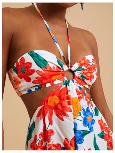 41m9f553toL.jpg Women's Floral Print Cut Out Sleeveless Halter Mini Dress Holiday Flowy Vacation Dresses
