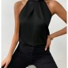 41mARCTrYlL.jpg Womens Elegant Twist Front Halter Sleeveless Satin Blouse Keyhole Back Tank Top