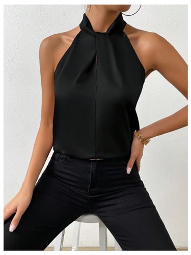 41mARCTrYlL.jpg Womens Elegant Twist Front Halter Sleeveless Satin Blouse Keyhole Back Tank Top