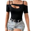 41mFJf12pwL.jpg Women's Cut Out Top Cold Shoulder Short Sleeve Fitted Solid T Shirts
