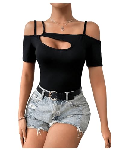 41mFJf12pwL.jpg Women's Cut Out Top Cold Shoulder Short Sleeve Fitted Solid T Shirts