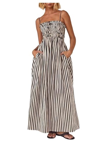 Women's Summer Striped Maxi Dress Spaghetti Strap Shirred A Line Flowy Long Cami Dresses Sundress with Pockets