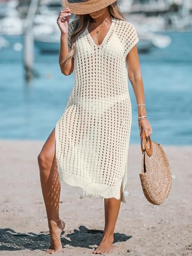 41nTuTt-hJL.jpg Women's Crochet Swim Suit Coverup Cap Sleeve Knit Loose Beach Cover Ups Side Split Midi Dress