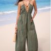 41nbI161DL.jpg Women's Summer Jumpsuit Plunging Halter Sleeveless Striped Casual Dressy Outfit Wide Leg Pockets Maxi Overall