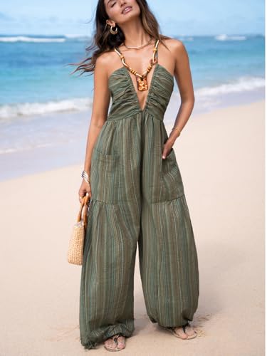 41nbI161DL.jpg Women's Summer Jumpsuit Plunging Halter Sleeveless Striped Casual Dressy Outfit Wide Leg Pockets Maxi Overall