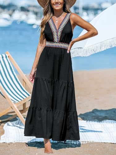 41nen9IhIRL.jpg Summer Dress for Women 2024 Smocked Sleeveless Self Tied Spaghetti Straps Long Beach Casual Dress