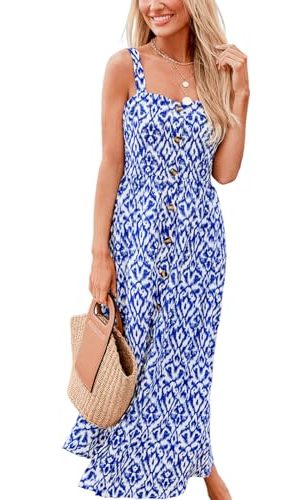 41nkEgHa84L.jpg Women Ruffle Summer Dress 2025 Square Neck Straps Button Front Casual Sundress Holiday Vacation Beach Maxi Dress