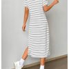 Women's Striped T Shirt Dress Crewneck Short Sleeve Split Hem Summer Midi Dresses
