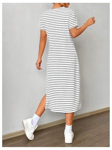 Women's Striped T Shirt Dress Crewneck Short Sleeve Split Hem Summer Midi Dresses