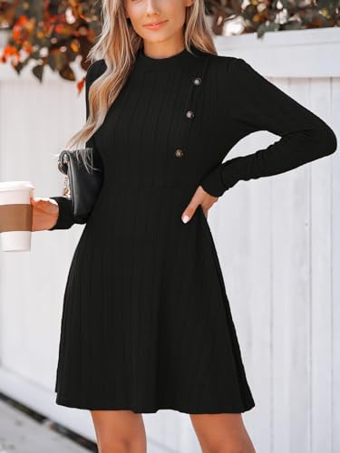 41o22NUOM0L.jpg Women's Mini Dresses Round Neck Long Sleeve Textured Button Knit A Line Short Casual Fall Dresses