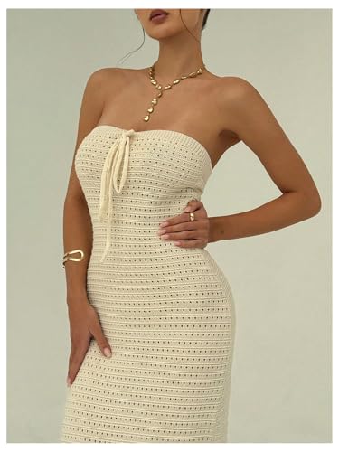 41o4Jg7OkL.jpg Women's Summer Crochet Tube Maxi Dress Tie Front Strapless Sleeveless Bodycon Knit Long Dresses
