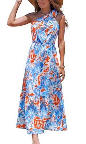 Women's Summer Dresses Abstract Floral One Shoulder A Line Smocked Tiered Maxi Dress
