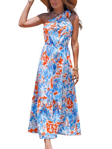 Women's Summer Dresses Abstract Floral One Shoulder A Line Smocked Tiered Maxi Dress