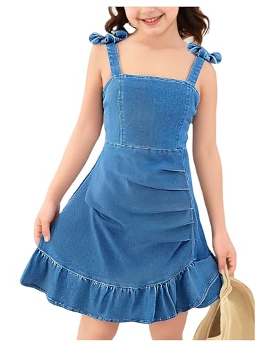 41obl3OZCtL.jpg Girl's Sleeveless Ruched Ruffle Hem Denim Dress Bow Cute A Line Summer Dress