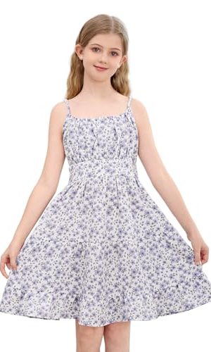 Girl's Spaghetti Strap Ruched Cami Dress Floral Print Ruffle Flared Mini Dresses