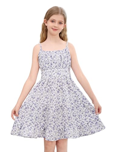 Girl's Spaghetti Strap Ruched Cami Dress Floral Print Ruffle Flared Mini Dresses