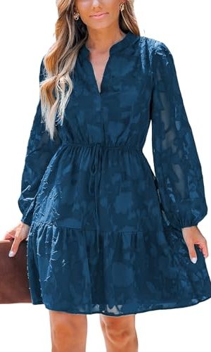 41ojpsuklZL.jpg Women Ruffle Lace Mini Fall Dresses Semi Formal Wedding Guest Dress V Neck Long Puff Sleeve Elastic Waist Tie
