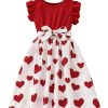 41omxDwTfXL.jpg Girl's Cute Heart Print Belted High Waist Ruffle Hem Flared A Line Short Dress
