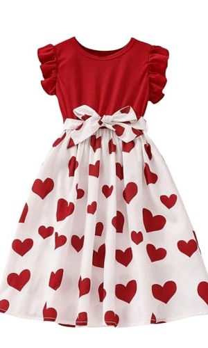 Girl's Cute Heart Print Belted High Waist Ruffle Hem Flared A Line Short Dress