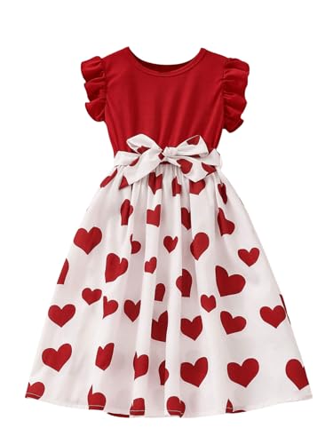 41omxDwTfXL.jpg Girl's Cute Heart Print Belted High Waist Ruffle Hem Flared A Line Short Dress