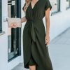 41ooSlRDDRL.jpg Women's V Neck Wrap Dress Twisted Slit Pleated Waist Tie Short Sleeve Summer Midi Dresses