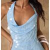 Women's Sequin Sparkly Halter Mini Dress Cowl Neck Draped Backless Sleeveless A Line Party Summer Dresses