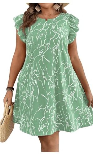 Women's Plus Size Summer Dress Graphic Print Ruffle Cap Sleeve Loose Short Dresses