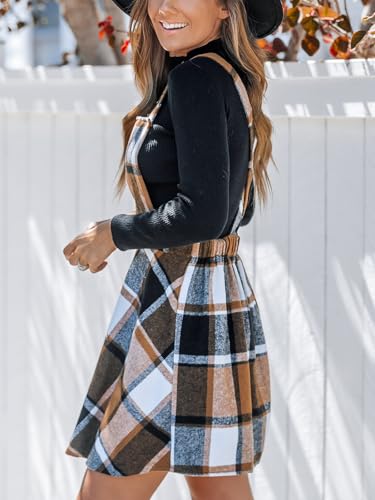 Women's Overall Dress Square Neck Plaid Sleeveless Casual Short A Line Cute Fall Mini Pinafore Dresses