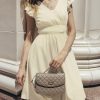 41pIGXJiV7L.jpg Women's Dress V Neck Flutter Sleeve Smocked Short A Line Casual Summer Knee Length Dress