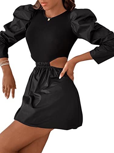Women's Long Puff Sleeve Short Dress Cut Out Waist Slim Fit Dresses