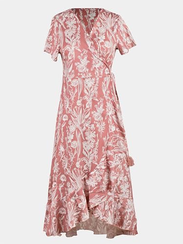 41pUlWRsJVL.jpg Women Summer Maxi Dress V Neck Short Sleeve Floral Print Wrap Slit Beach Casual Dress