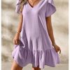 Women's Ruffle Puff Short Sleeve V Neck Textured Summer Short Dresses